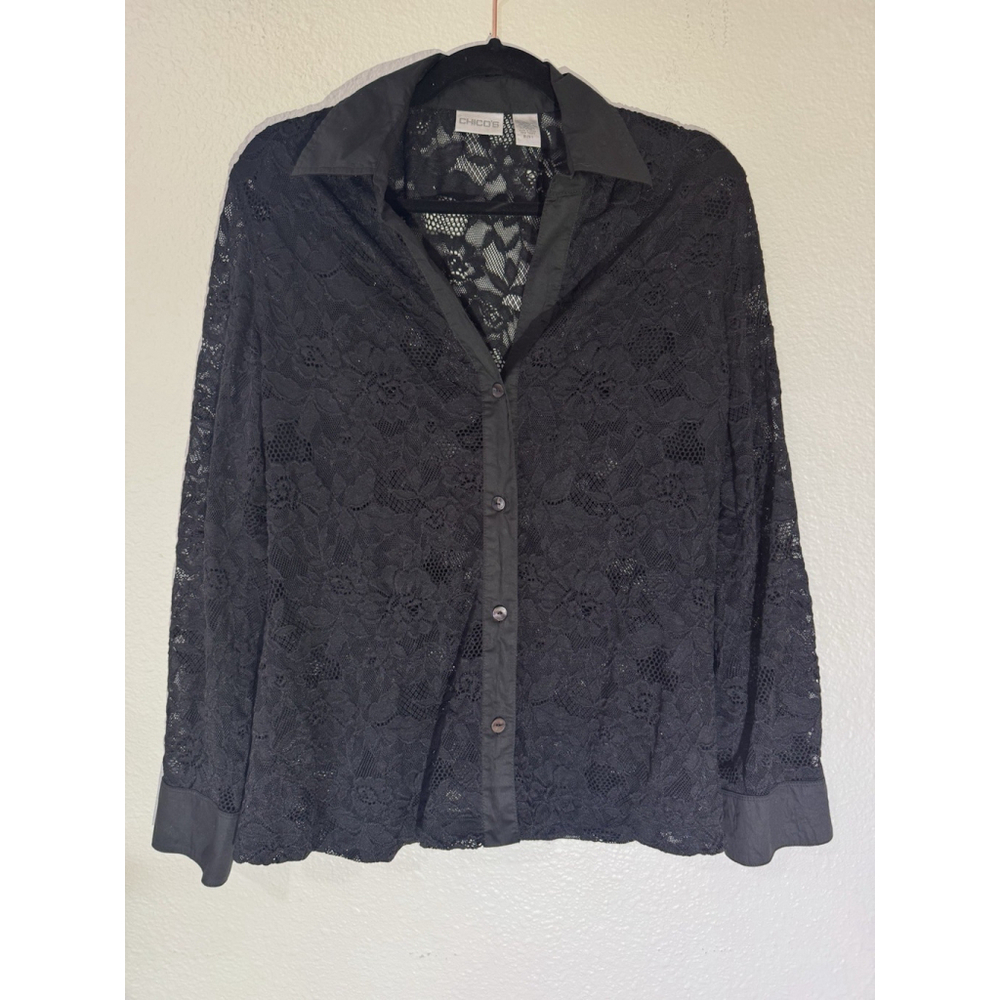 Chico’s Black Lace Button Up Shirt Size 1 / M Long Sleeved Collared Blouse Fall